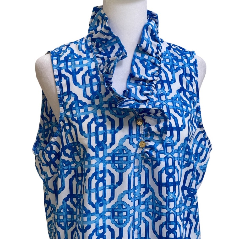 Size L Mud Pie Blue and White Sleeveless Ruffle Neck Top